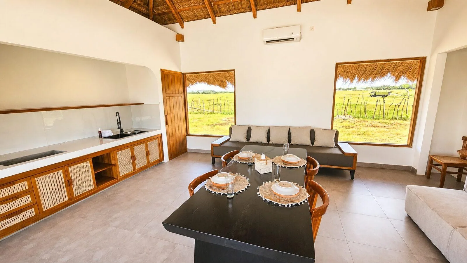 Kitchen and living area inside one of the villas at Eco Beach City